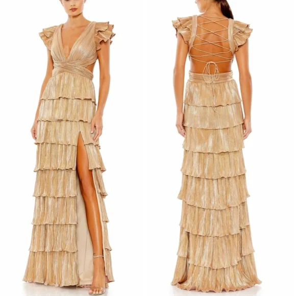 Ieena for Mac Duggal - Gold Ruffle Tiered Criss Cross Lace Up Gown - US 16 Ieena for Mac Duggal - Gold Ruffle Tiered Criss Cross Lace Up Gown - US 16